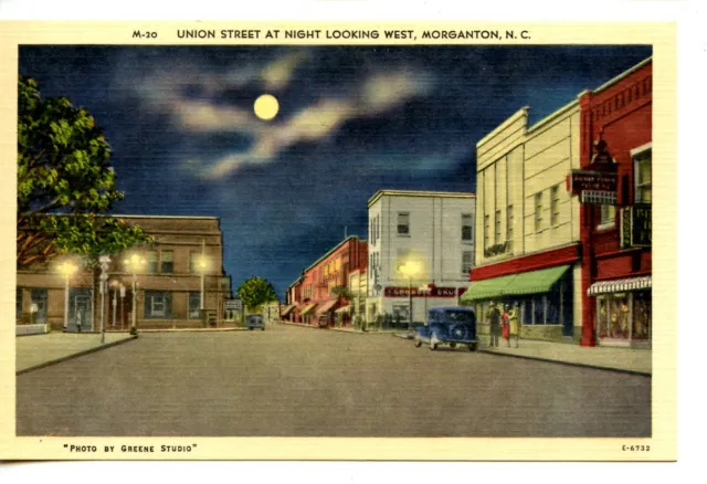 Union Street Downtown Scene-Night View-Morganton-North Carolina-Vintage Postcard