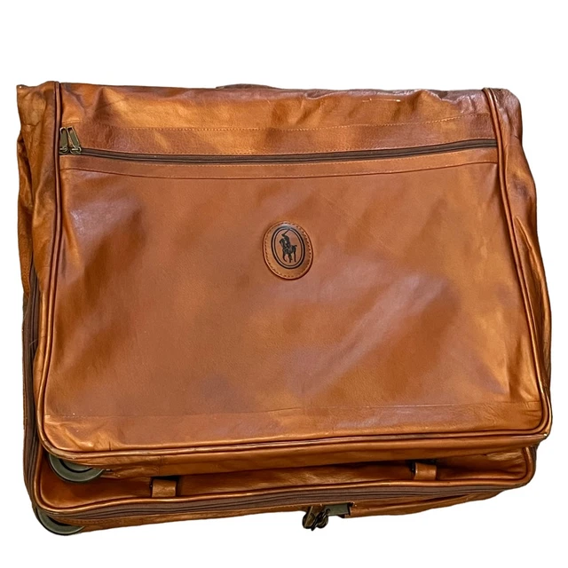 Polo Ralph Lauren Garment Bag Brown Leather Zipper Pockets Buckles Luggage