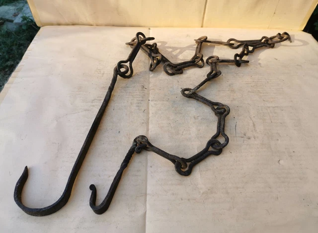 ANTIQUE OLD PRIMITIVE FORGED WROUGHT CHAIN FOR FIREPLACE HOOK HANGER 19th