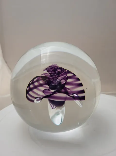 Large Clear w/ Helix amethyst / purple & control bubble paperweight 4 1/4" heavy