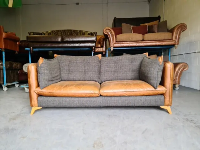 721. Harris Tweed & Tan Leather 3 Seater Vintage Style Sofa 🚚 🇬🇧