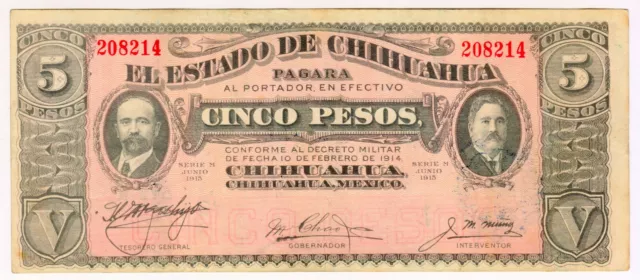 1915 Chihuahua 5 Pesos  208214 Paper Money Banknotes Currency