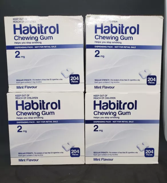 Habitrol Nicotine Gum 2mg Mint -4 Boxes x 204 Pieces Bulk Size -Total 816 Pieces