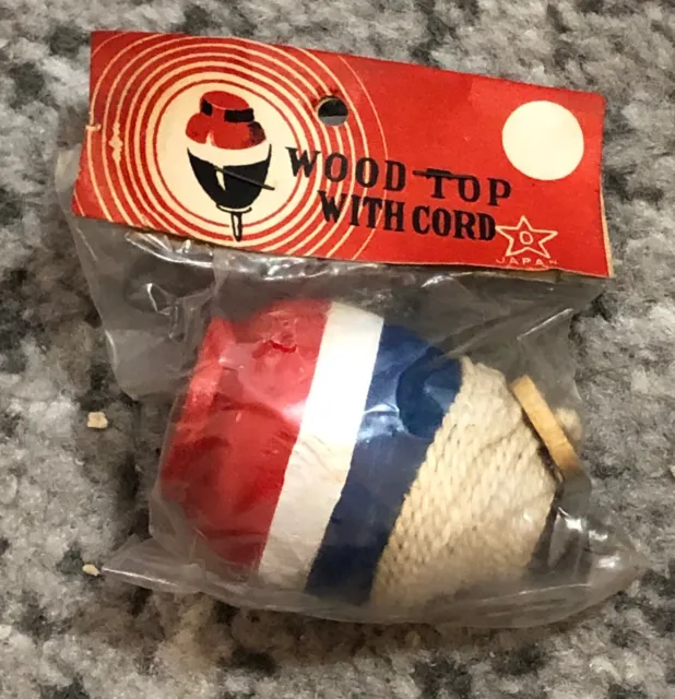 Wood Top Toy in Old Package with Cord Vintage Original 1950s NOS Unused Toys