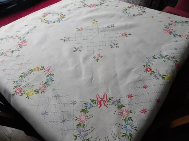 Vintage Hand Floral Embroidered Linen Tablecloth for charity