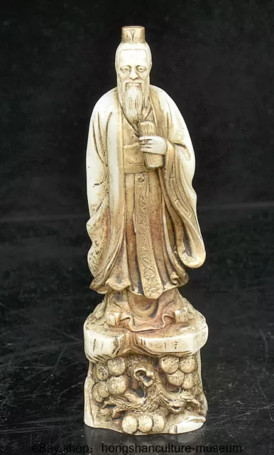 8 " Ancient China White Jade Gilt Dynasty Kongzi Confucius Confucian Statue