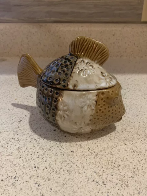 Pier 1 Imports Puffer Fish Stoneware Lidded Jar