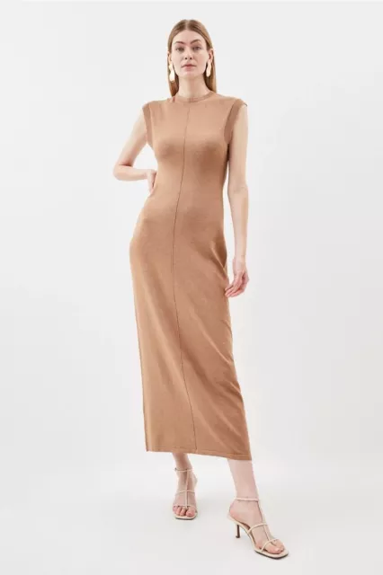 NWT Karen Millen Size Large Viscose Blend Knitted Maxi Soft Knit Dress Camel