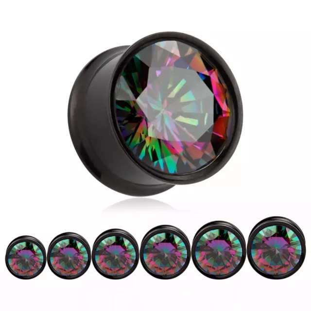 BLACK COLOURED GEM Metal Ear Plugs Piercing Tunnel Stretchers Jewellery PL173