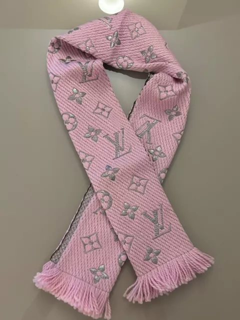 Pale pink and rose gold Louis Vuitton Logomania wool scarf with