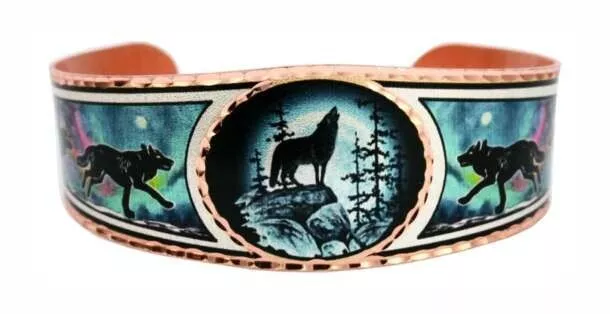 100%  all Copper bracelet Wrist cuff Handmade Womens Ladies Wolf Howling AT Moon