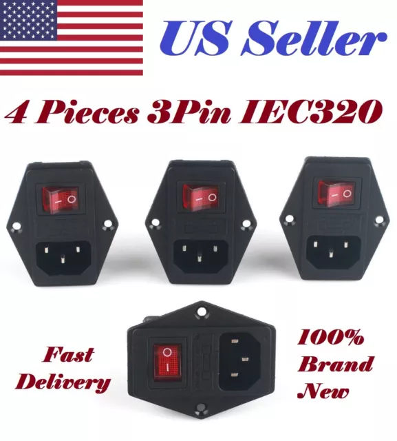 4pcs 3Pin IEC320 C14 Inlet Module Plug Fuse Switch Male Power Socket 10A 120V