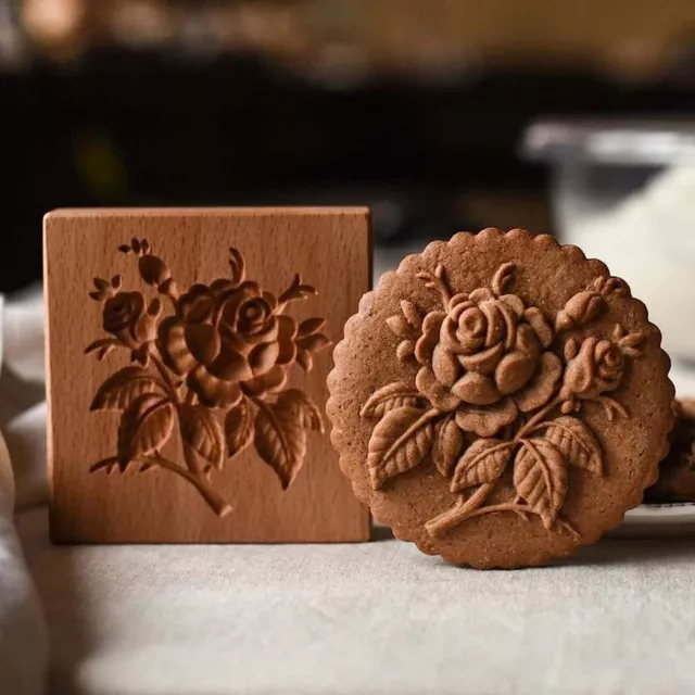 Wooden Mold Rose Cookie Mold Wood Biscuit Press Stamp  Party