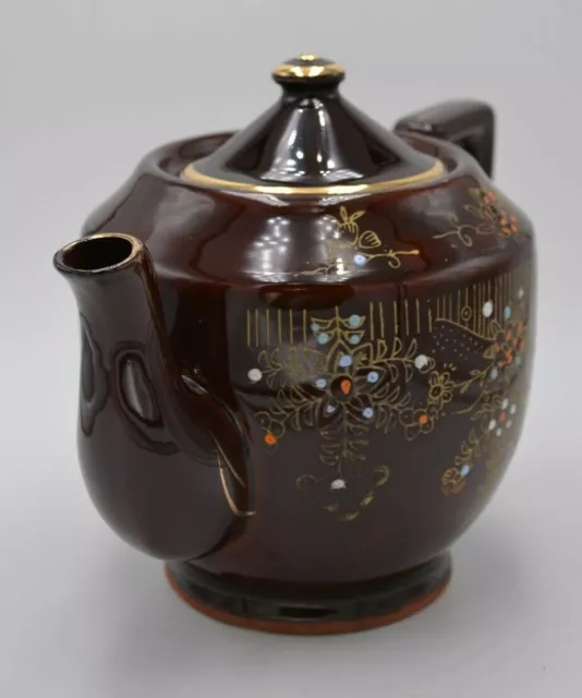 Théière vintage marron céramique peinte à la main garniture florale or fabriquée au Japon 61/2" 2