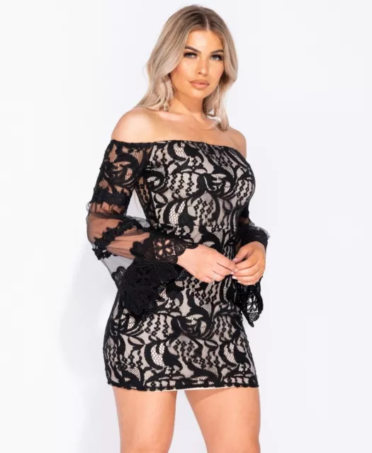 Mini abito donna vestito corto pizzo foderato manica lunga farfalla bardot barca 2