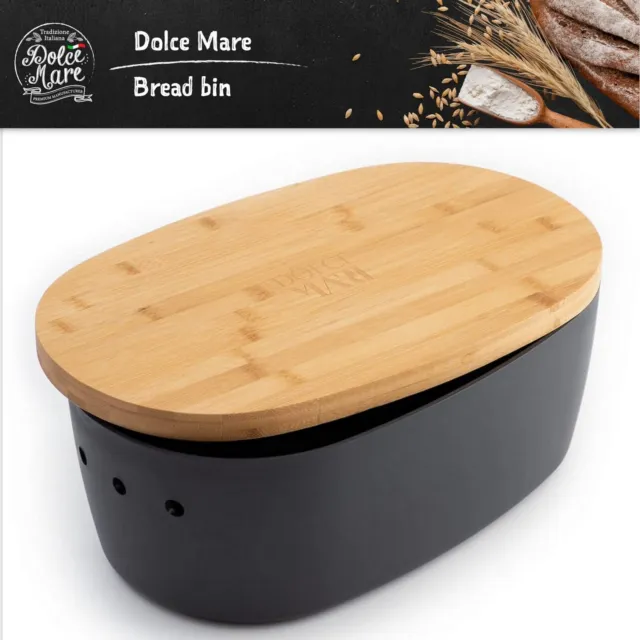 DOLCE MARE Bread Bin Bamboo Lid Cutting Board Loaf Bread Box Food Storage Black