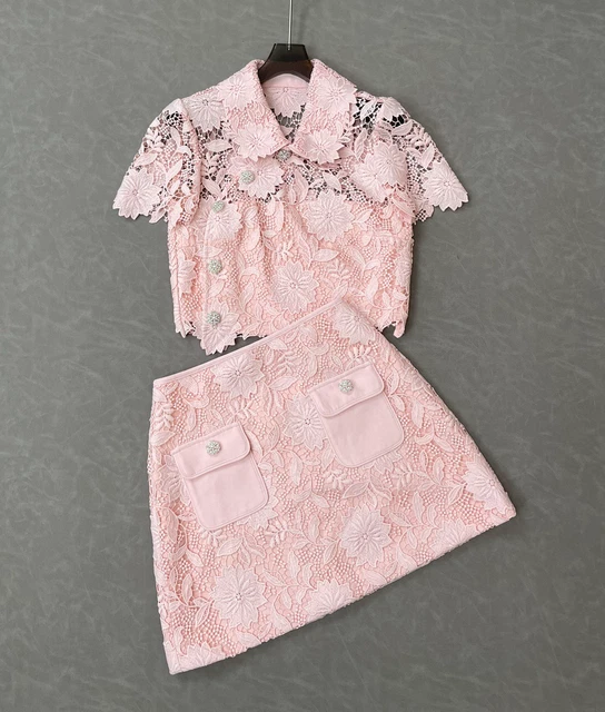 Self-Portrait Women Polyester Lace Outfits Short Sleeve Top / A-line Mini Skirt
