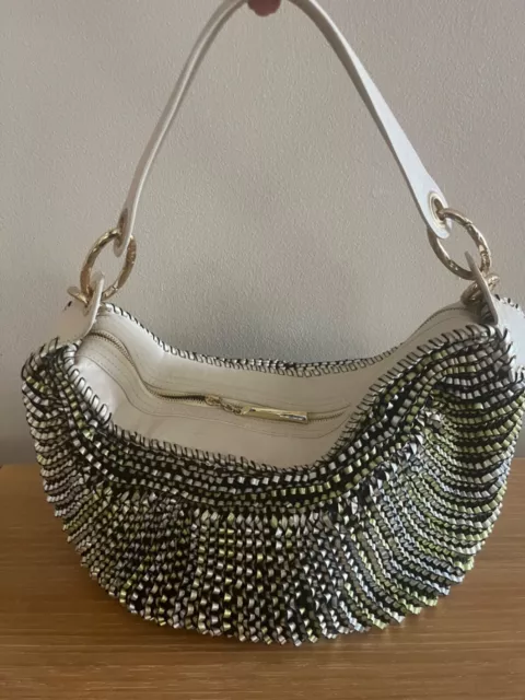 $895 DVF Diane von Furstenberg White Silver Green STEPHANIE Leather Hobo Bag