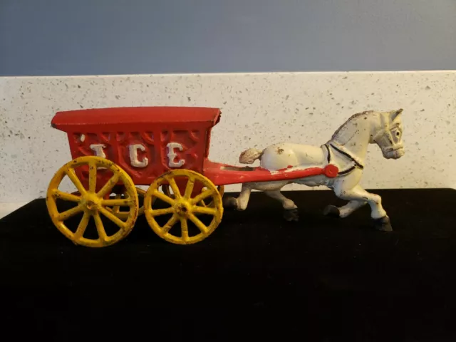 Vintage Antique Heavy  Cast Iron White Horse Drawn Red Ice Cart Buggy Wagon Toy