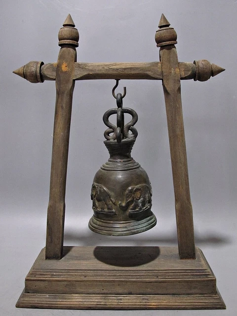 Antique Bell Elephant Figure on Teak Wood Stand