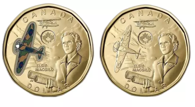 Canada 2023 Elsie MacGill  BU UNC Colourized & Plain Loonie Set!!