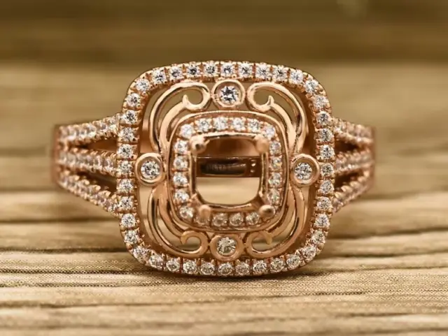 14K Yellow Gold Over4X4MM Cushion Cut Diamond Semi Mount Engagement Ring Setting