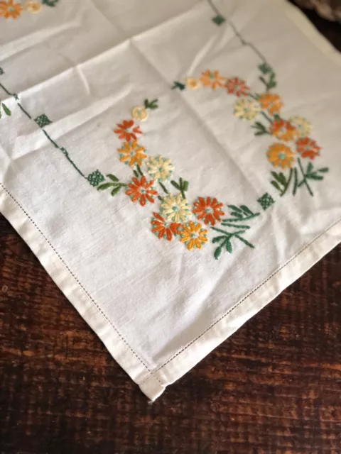 Vintage Embroidered Table Linen Orange Florals  46x31 Cm