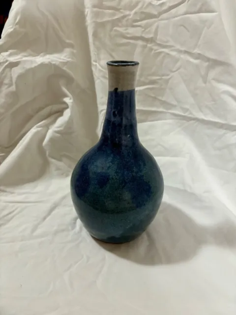 Signed blue art studio glazed ceramic pottery vase red base