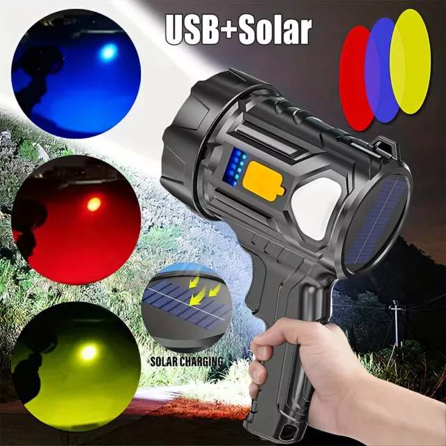 900000000LM Solar/USB LED Searchlight Rechargeable Spotlight Handheld Flashlight