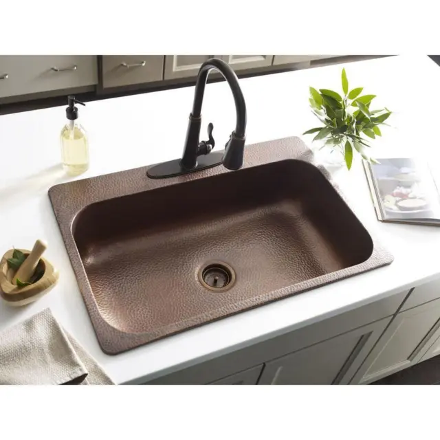 SINKOLOGY Kitchen Sink 33" 4-Hole Drop-In 17-Gauge Single Bowl Antique Copper