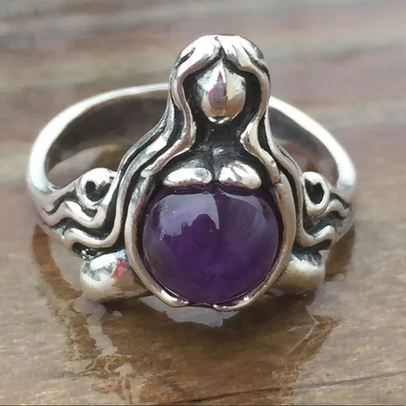 Goddess of Abundance Ring .925 Sterling Silver Sz 6 w/ Genuine Amethyst Mother