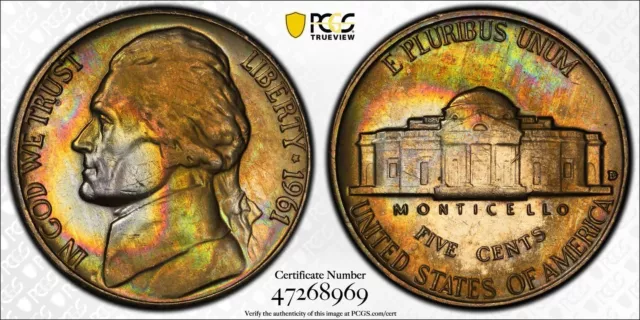 MS65 1961-D 5C Jefferson Nickel, PCGS Trueview- Rainbow Album Toned