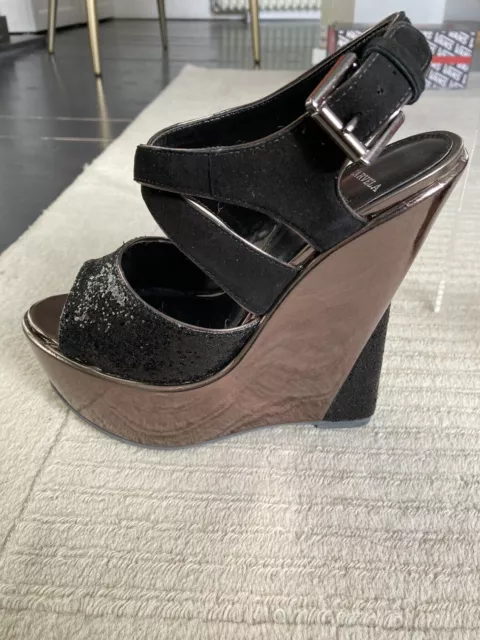 CARVELA GLITZ PLATFORM Wedge Metallic Gunmetal Black Glitter Party
