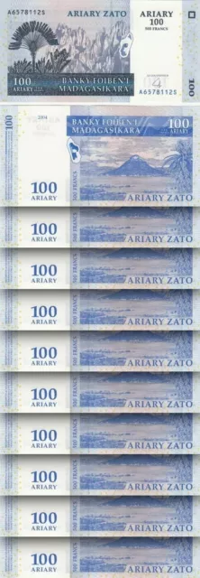 Madagascar 100 Ariary 2004, UNC, 10 PCS LOT, P-86