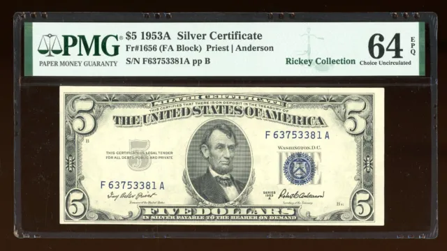 DBR 1953-A $5 Silver Fr. 1656 FA Block PMG 64 EPQ Serial F63753381A