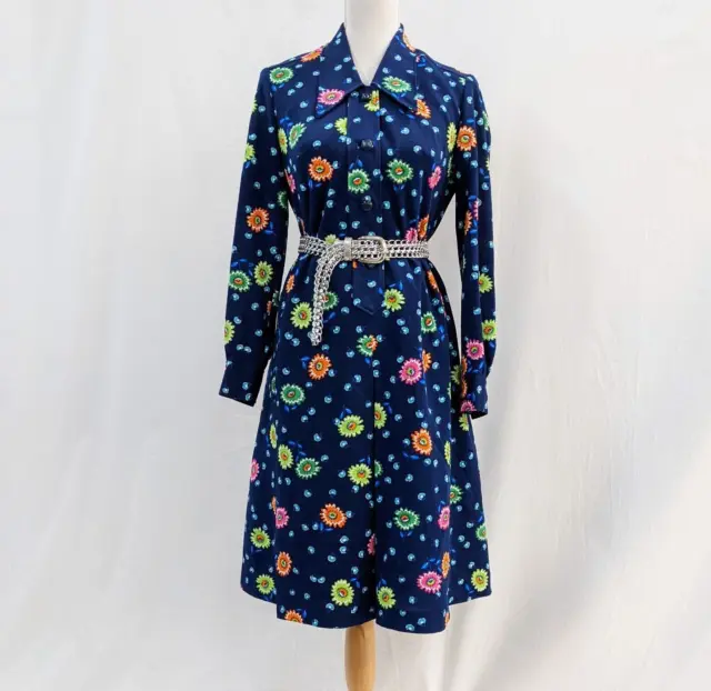 70s Vintage Blue Green Orange Pink Floral  Collared Dress Retro Boho Size 10 12