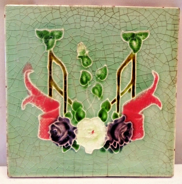 Vintage Tile Art Nouveau England Majolica Freehand Flower Design Collectibles 3