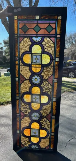 antique STAINED LEADED GLASS CHURCH WINDOW *C* 63.5" by 24"