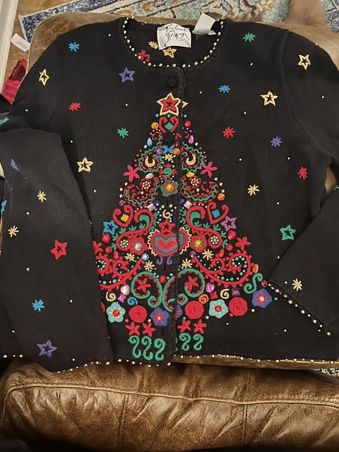 Michael Simon Christmas Tree Sweater large black embroidered beaded art
