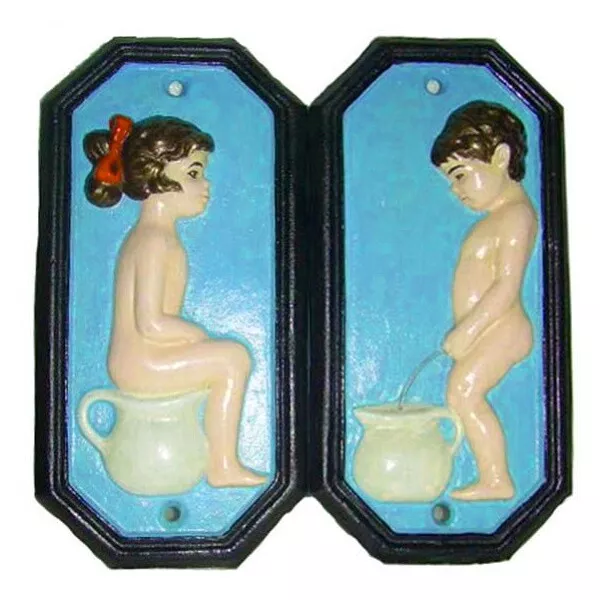 1 pair of Blue Cast iron boy girl toilet sign plaques Bathroom Restroom vintage