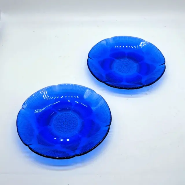 Fortecrisa Vintage Mexican Glass Plates Bread 5” Cobalt Blue Sunflower Set of 2