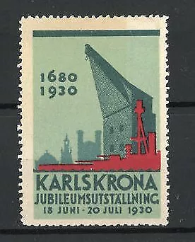 Reklamemarke Karlskrona, Jubileumsutställning 1930, Kran und Ortssilhouette