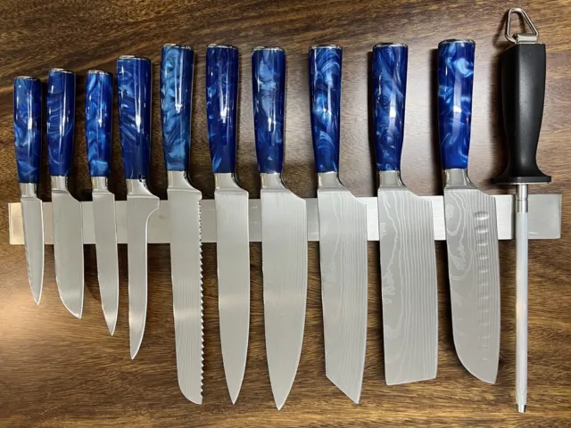 12PC Blue Japanese Kitchen Knives Chef Knife Set Magnetic Knife Holder Sharpener