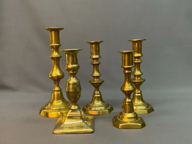 5 Antique 19th Century Polished Brass Push Up Candlesticks Mixed Lot (A)