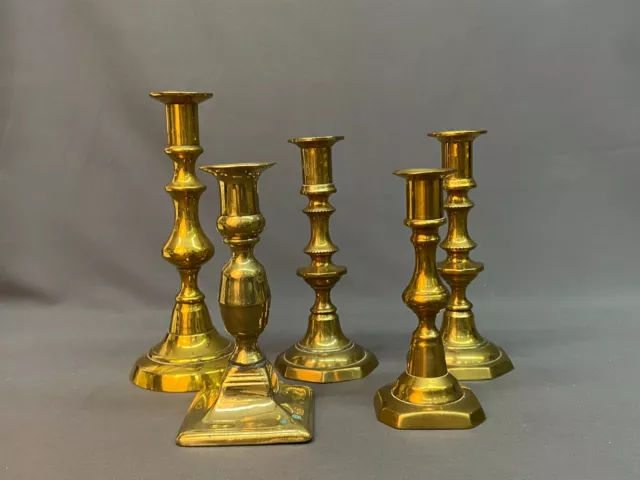 5 Antique 19th Century Polished Brass Push Up Candlesticks Mixed Lot (A)