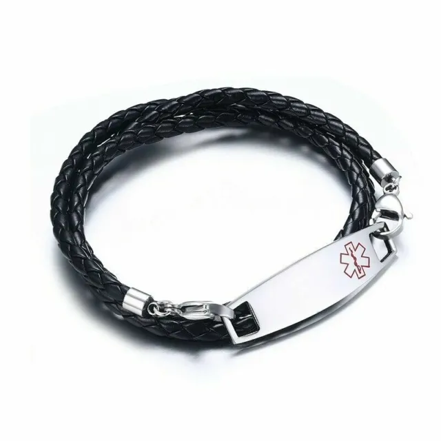 Stainless Steel Medical Alert ID Tag Braided Leather Bracelet Charm Wristband