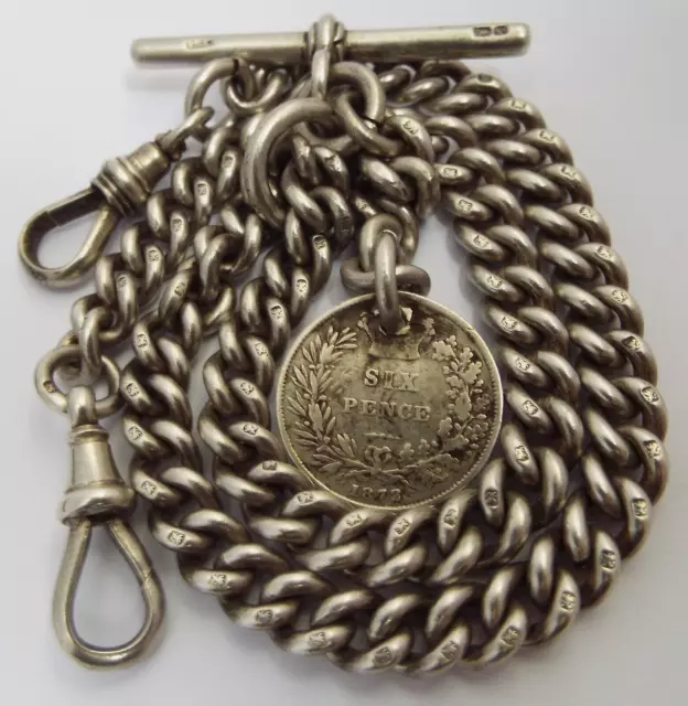 SUPERB HEAVY 58g ENGLISH ANTIQUE 1902 SOLID STERLING SILVER DOUBLE ALBERT CHAIN