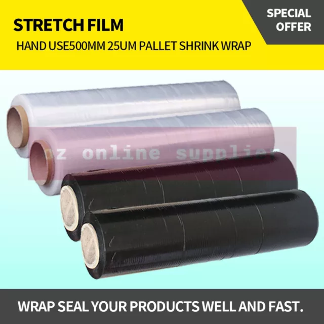 1/2/4/8 Rolls Black/Clear 500mmx400m 25UM Stretch Film Pallet Wrap Carton Shrink