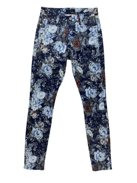 7 For All Mankind Skinny Ankle Jeans Blue Floral Roses Women's 26x30 (Tag: 25)