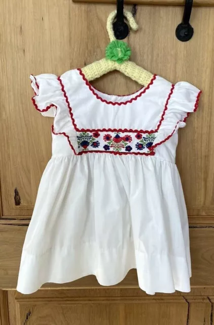 Vintage 70's Little Girl White Embroidered Pinafore Style Bow Tie in Back Dress